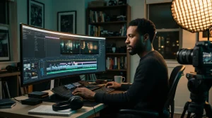 AI filmmaking for actors: a creator editing an AI-assisted scene at night