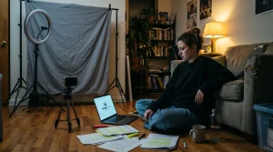 Actor self-taping an audition at night without audition pay